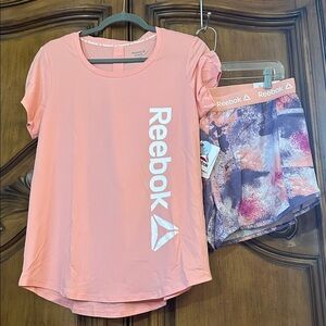 NEW Reebok SET Tie Dye Coral Peach Purple Athletic Shorts W/Tee Slim 2 piece set